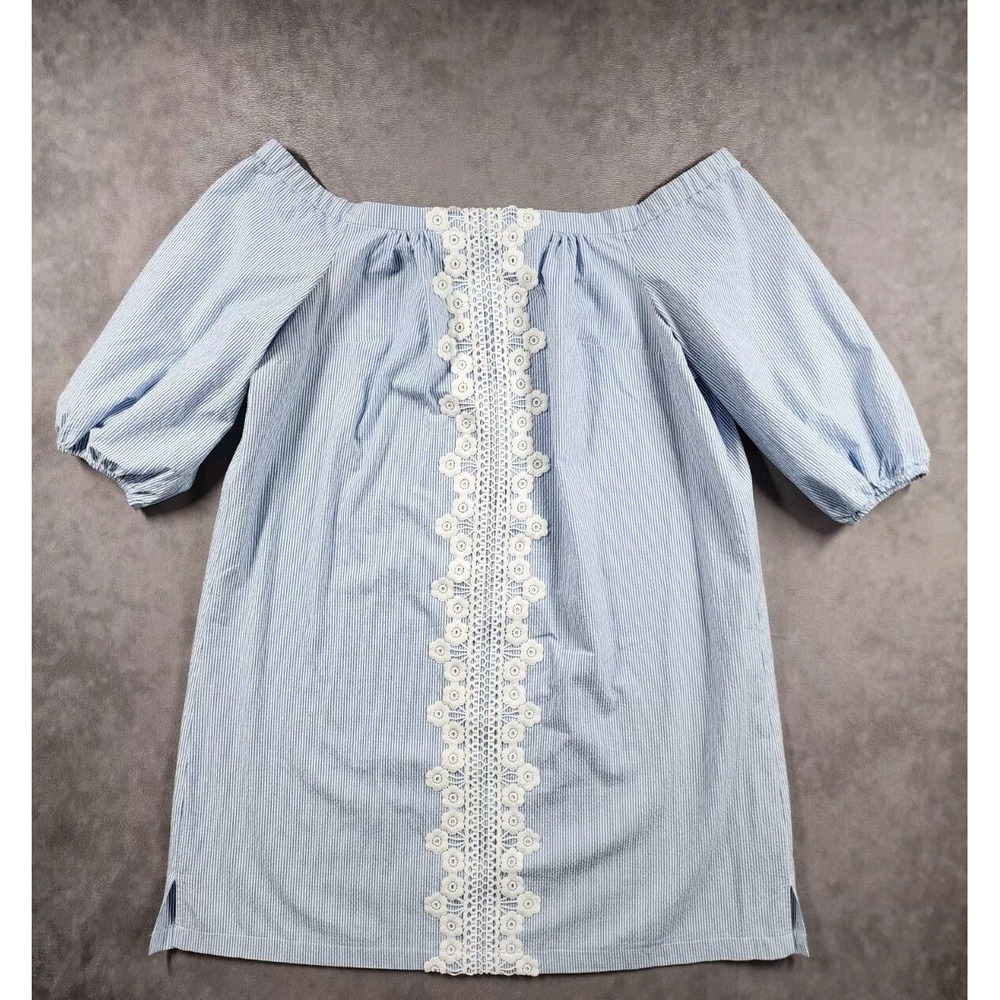 Eliza Jane Off The Shoulder Seersucker Lace Trim Top Womens 14W Blue White